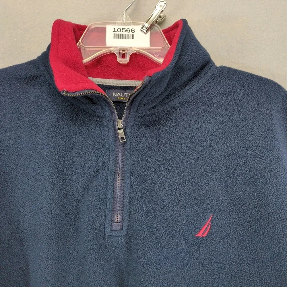 Nautica Blue Fleece Jacket Mens L 1/4 Zip Pullover Red Embroidered Logo‎ Coastal